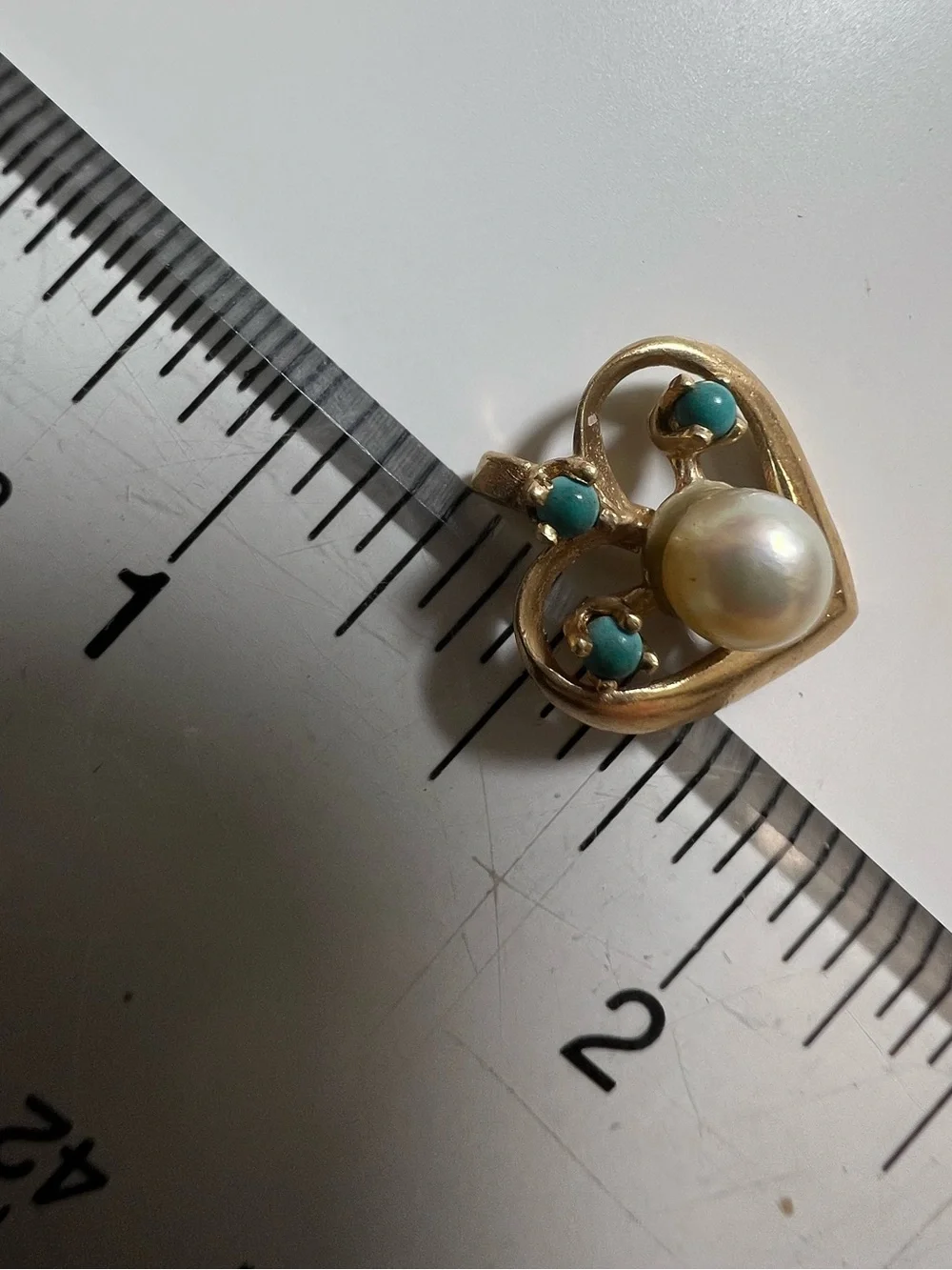 14K Gold Heart Pearl and Turquoise Accent Pendant